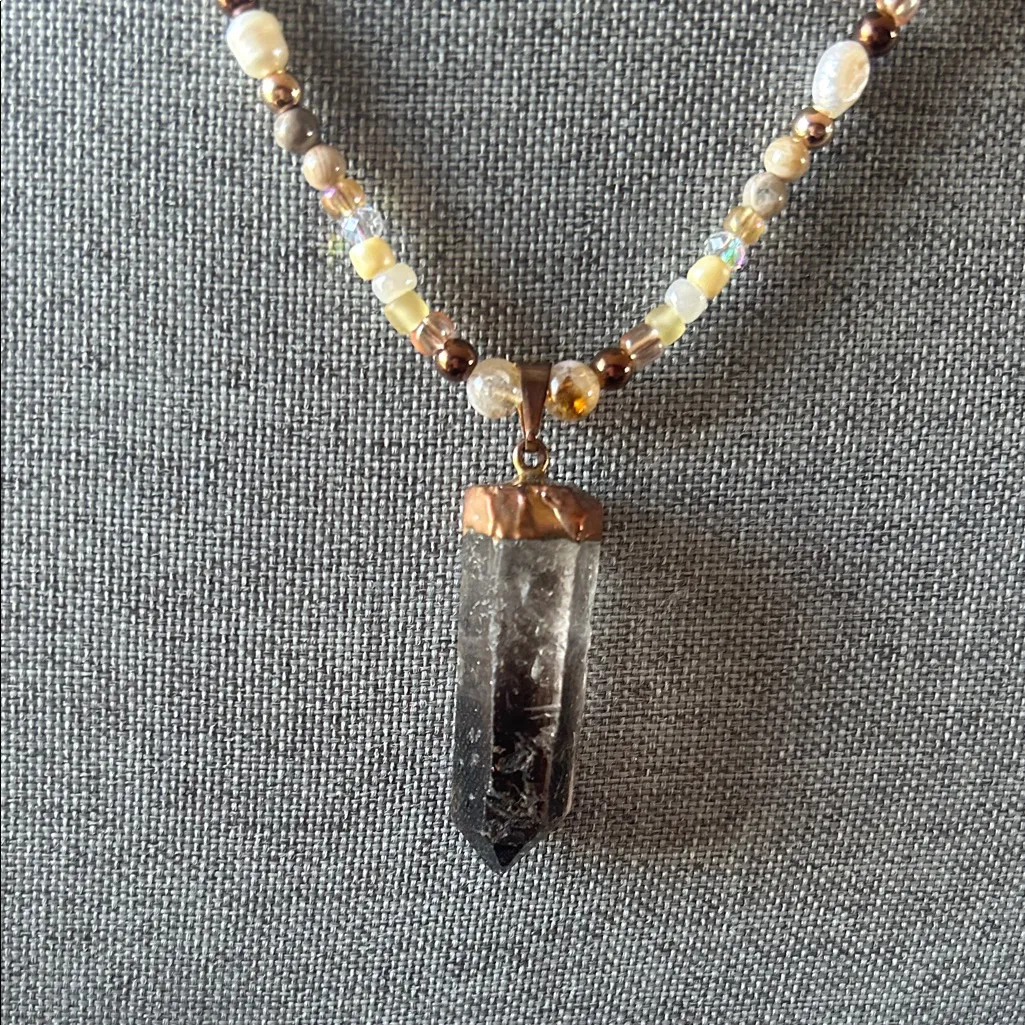 Handmade Pearl + Seed Bead Beaded Necklace with Smoky Quartz Pendant - Image 6