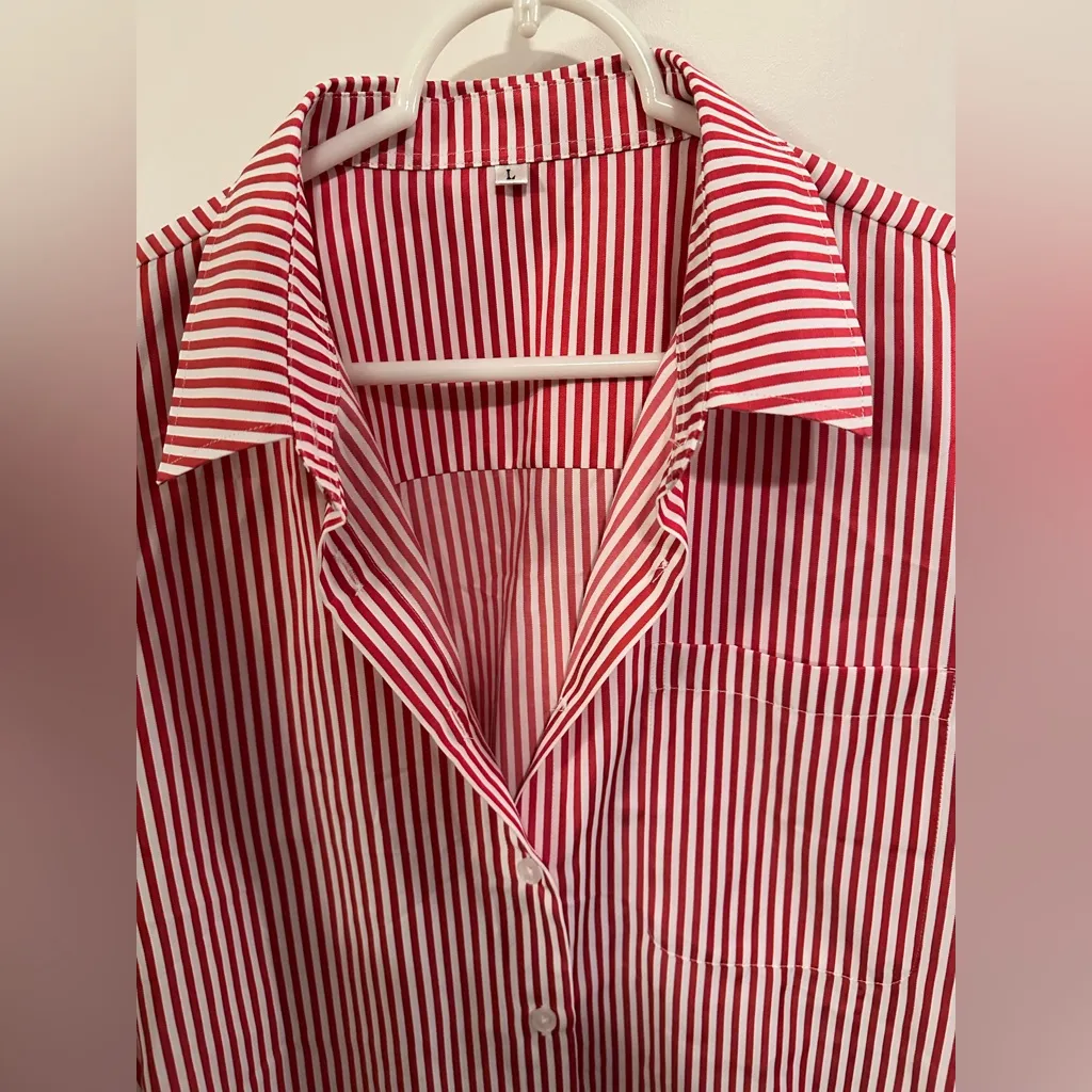 Amazon Women’s Red and White Striped Button-Up Shirt - Image 2