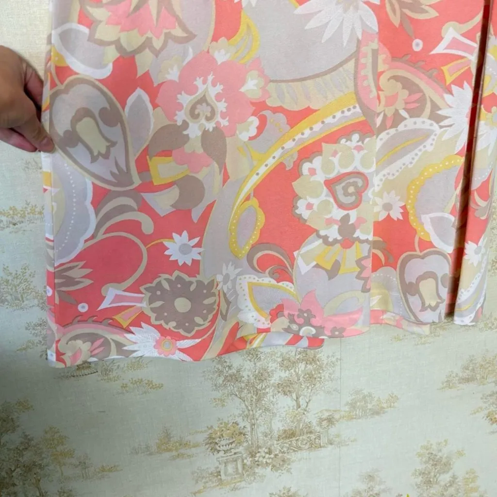 Vintage 60s 70s pink white floral paisley mod print satin sleeveless mini dress Size XL - Image 4