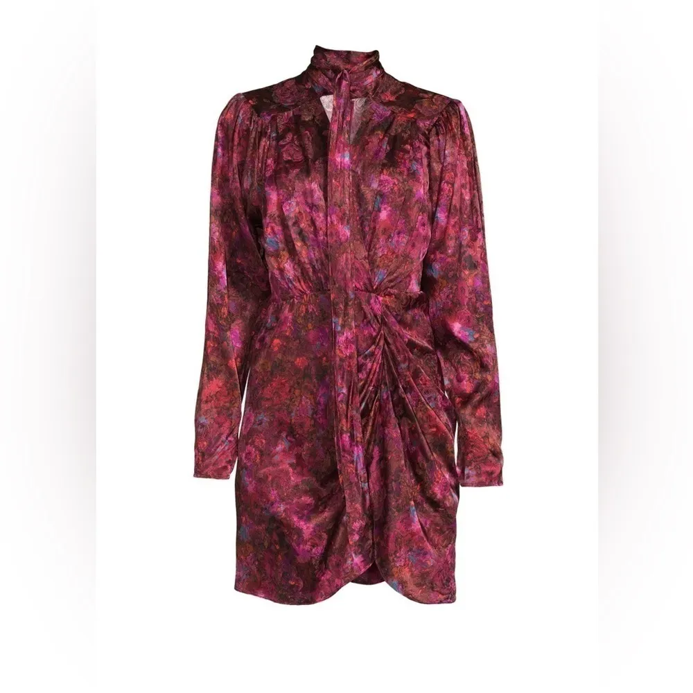 NWT RONNY KOBO Lula Silk Floral Draped Bow Burgundy Mini Dress Sz S Red - Image 5