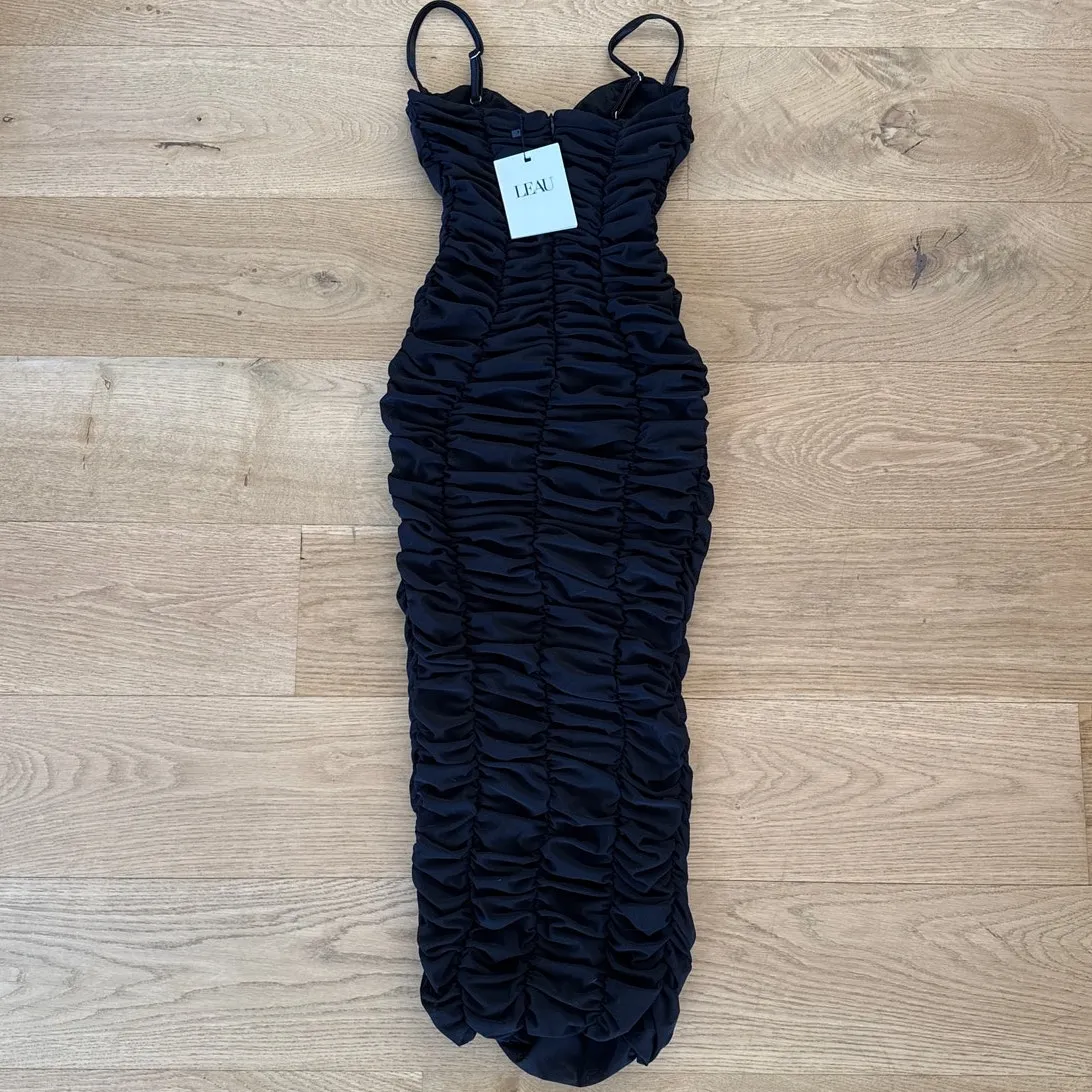 LEAU Midi Dress Bustier Mesh Shirred Storm Size XS Black - Image 5