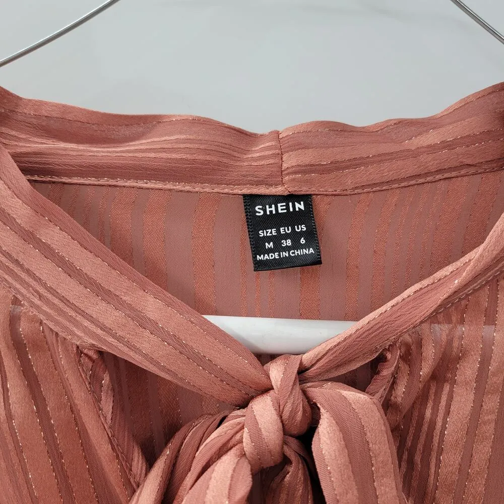 Shein Maxi Dress M Pink Sparkle Stripes Tie Neck Long Puff Sleeve Shirred Waist - Image 16