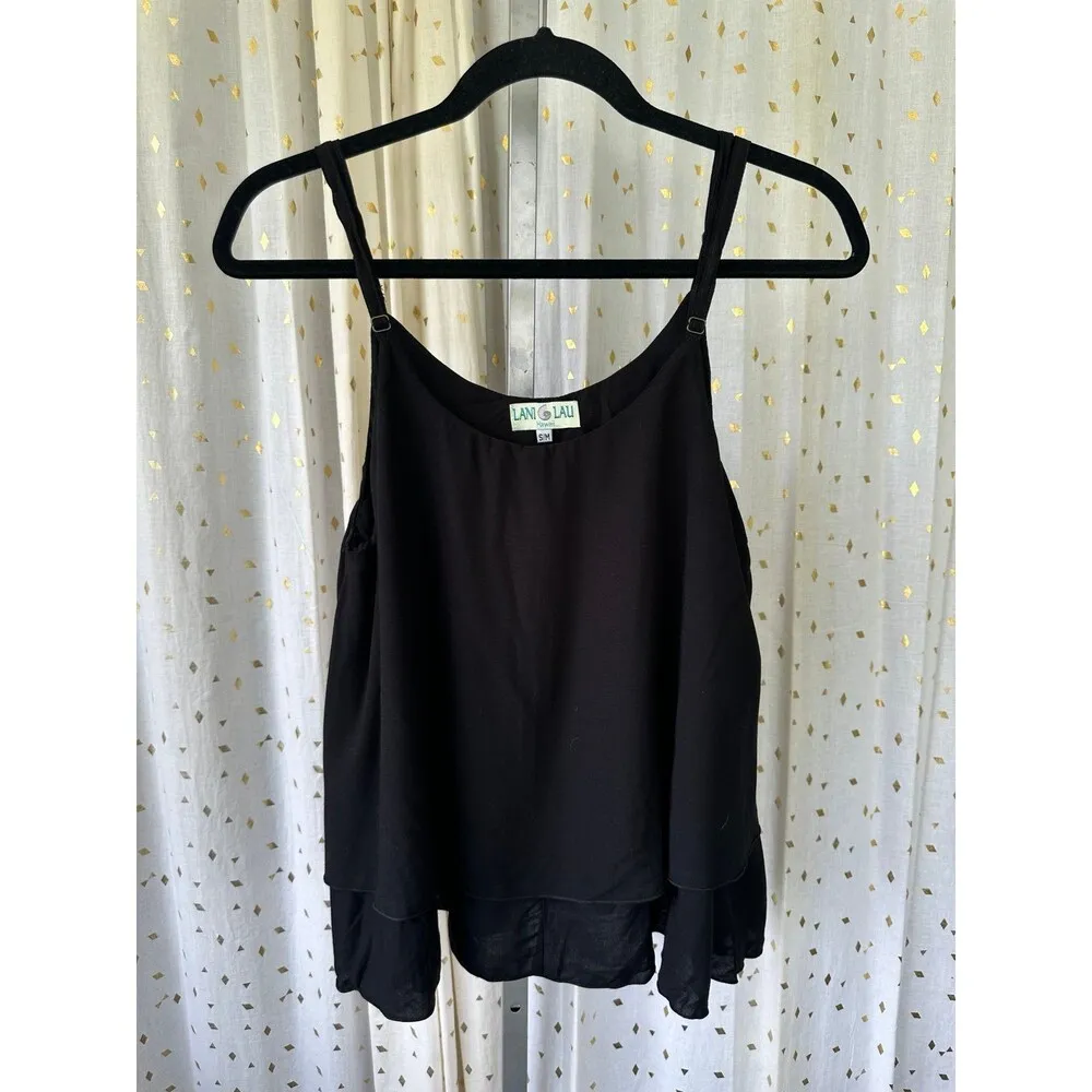 Lani Lau Hawaii Venus Tiered Layered Ruffle Flowy Cami Adjustable Tank Top S/M Black - Image 2