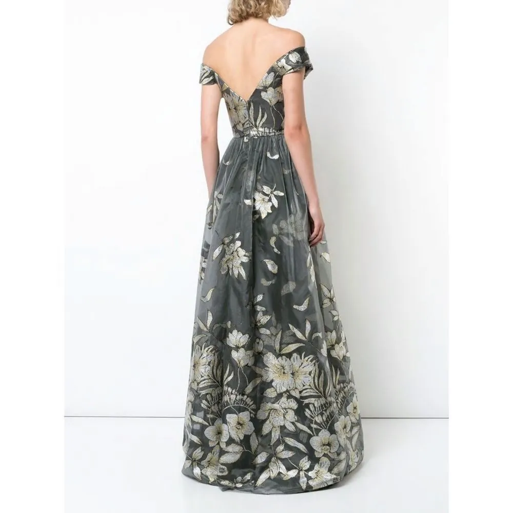 New! MARCHESA NOTTE Women's Floral Embroidered Metallic Fil Coupe Gown V - Image 2