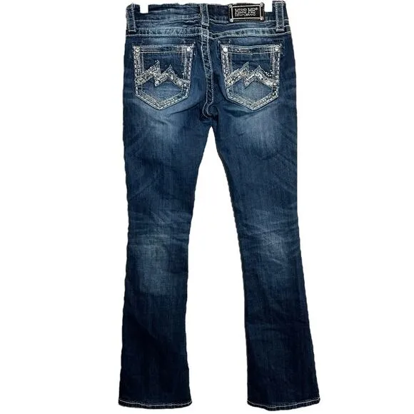Miss Me Bootcut Jeans Large Stitch Mid Rise Whisker Dark Wash Studded 26"x33" - Image 2