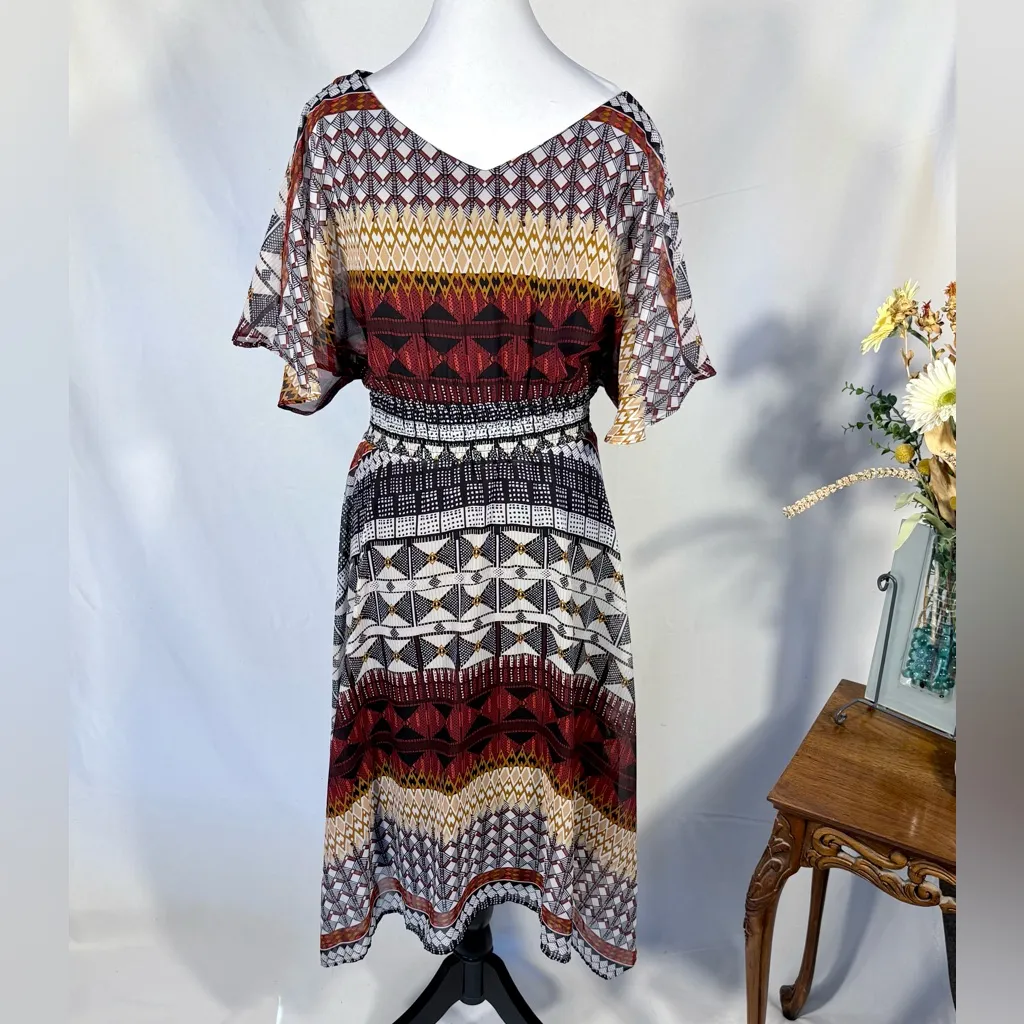 Chris McLaughlin Mixed Geometric Print Handkerchief Hem Midi Dress – Size 14💛 Brown - Image 5