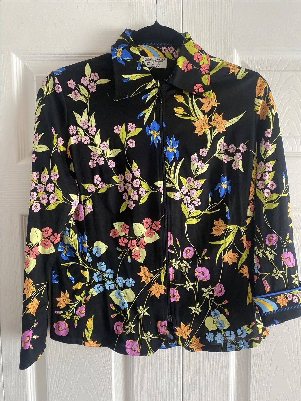 Averardo Bessi Womens 10 Black Floral Full Zip Collared Top Cottagecore Dark - Image 1