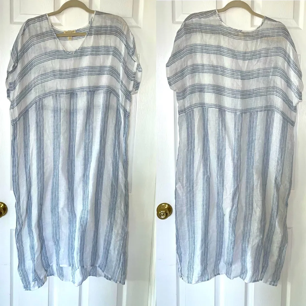 Eileen Fisher Organic Linen Caftan Dress Thin Gauze Unlined Size XXS‎ Blue White - Image 2