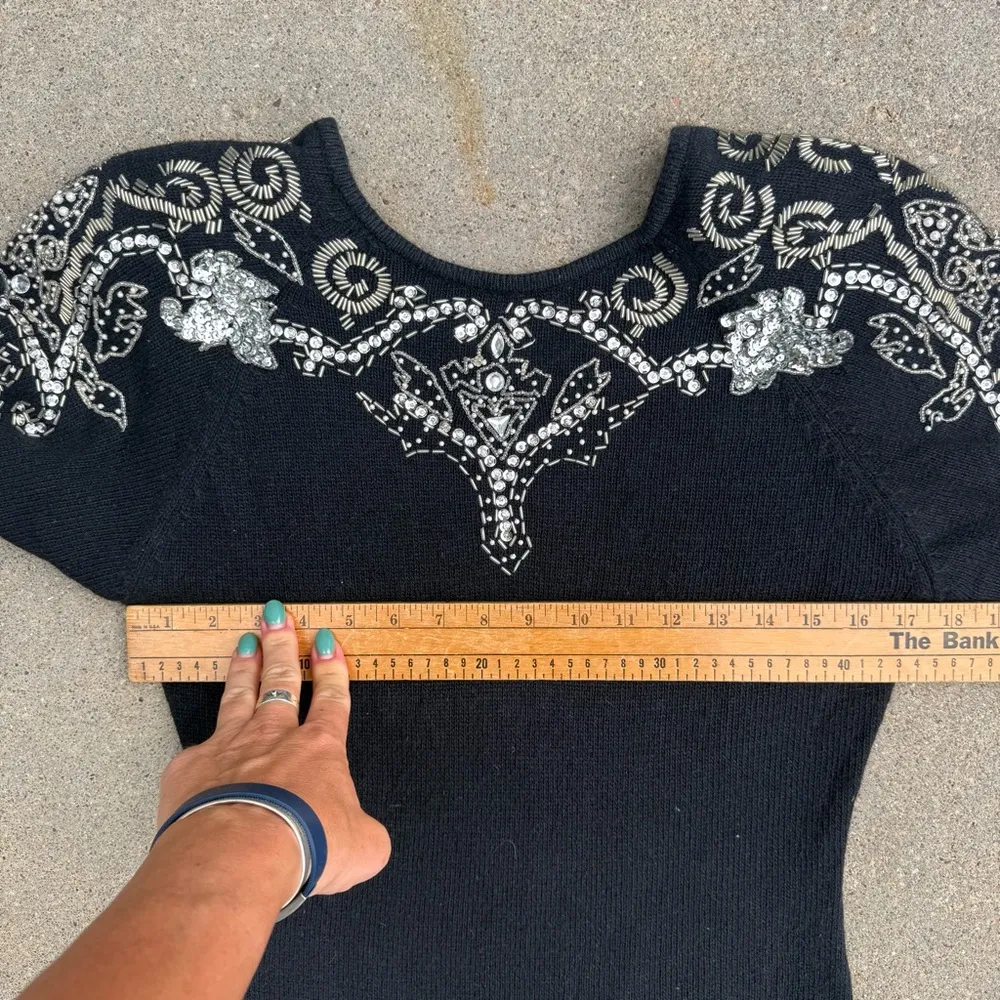 Vintage 80s 90s sarah taylor black silk angora beaded sweater dress midi MEDIUM - Image 8