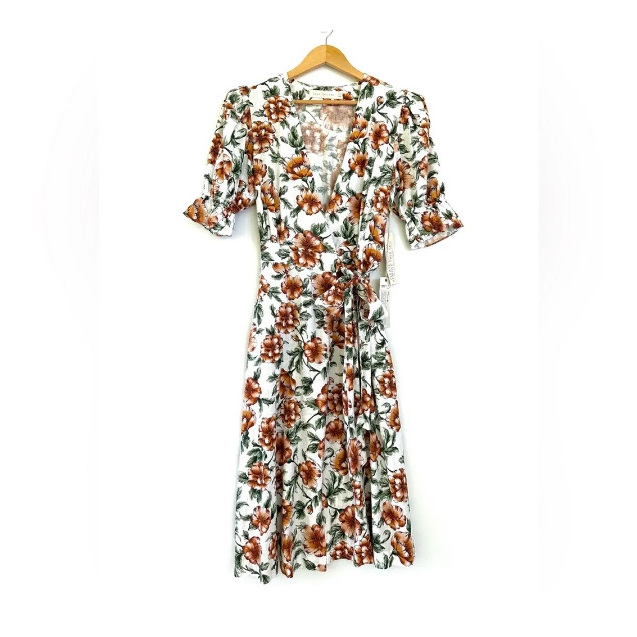 Happy X Nature Teagarden Floral Puff Sleeve Linen Wrap Midi Dress Small Coquette White - Image 3