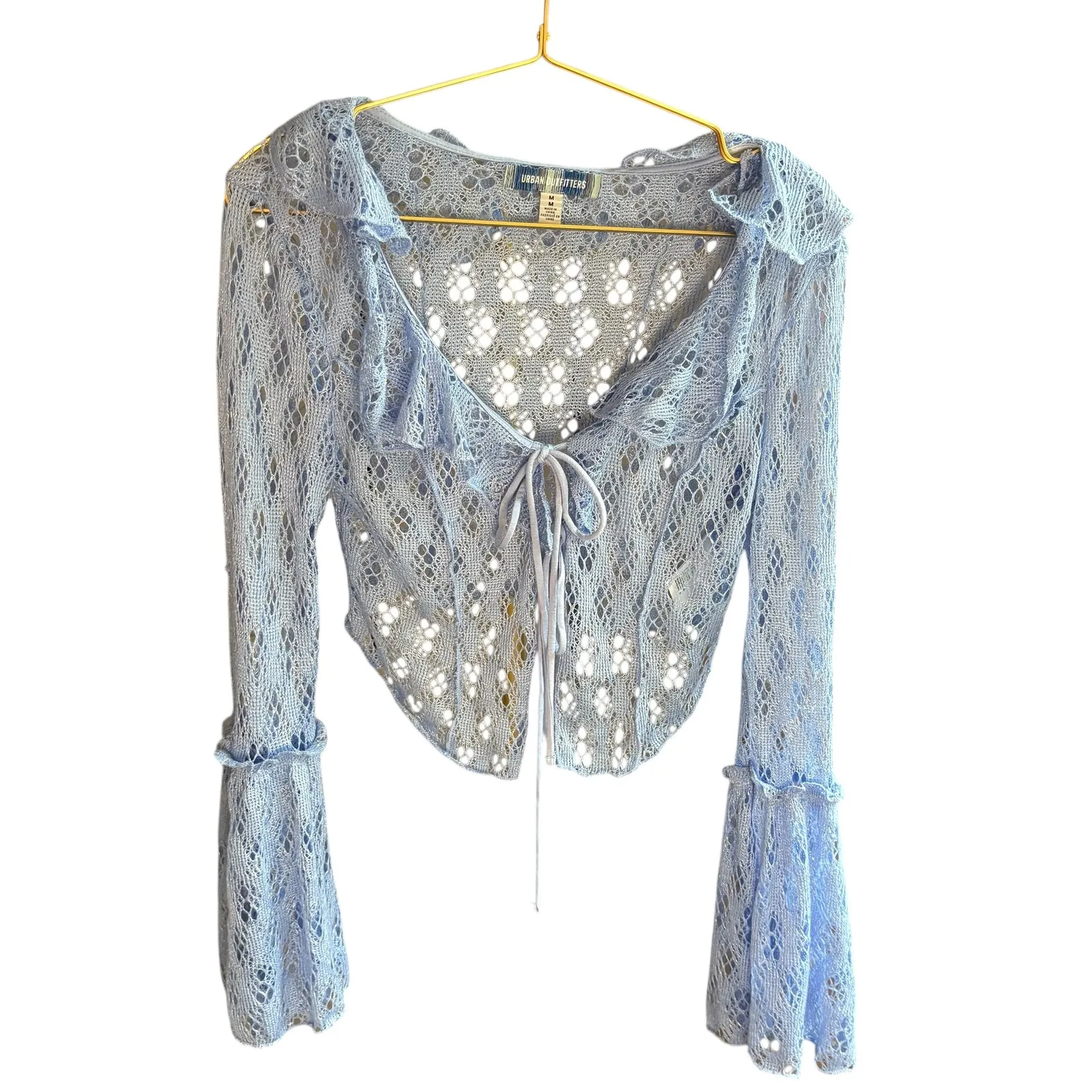 Urban‎ Outfitters Lace cardigan sweater Ruffle Trim Bell Sleeve Crop Top Medium - Image 2