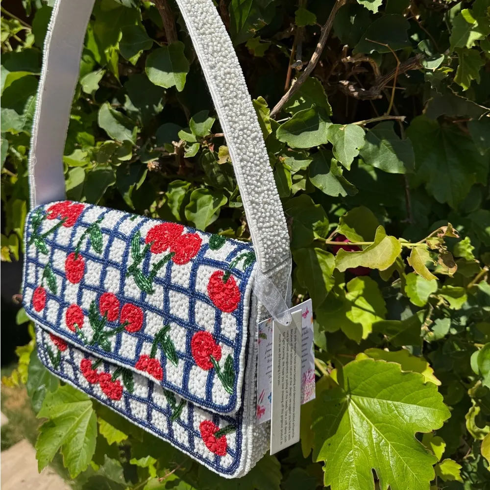 NWT Cherry Red Green Navy & White Checkered Beaded Bag Made in India Viral - Image 2