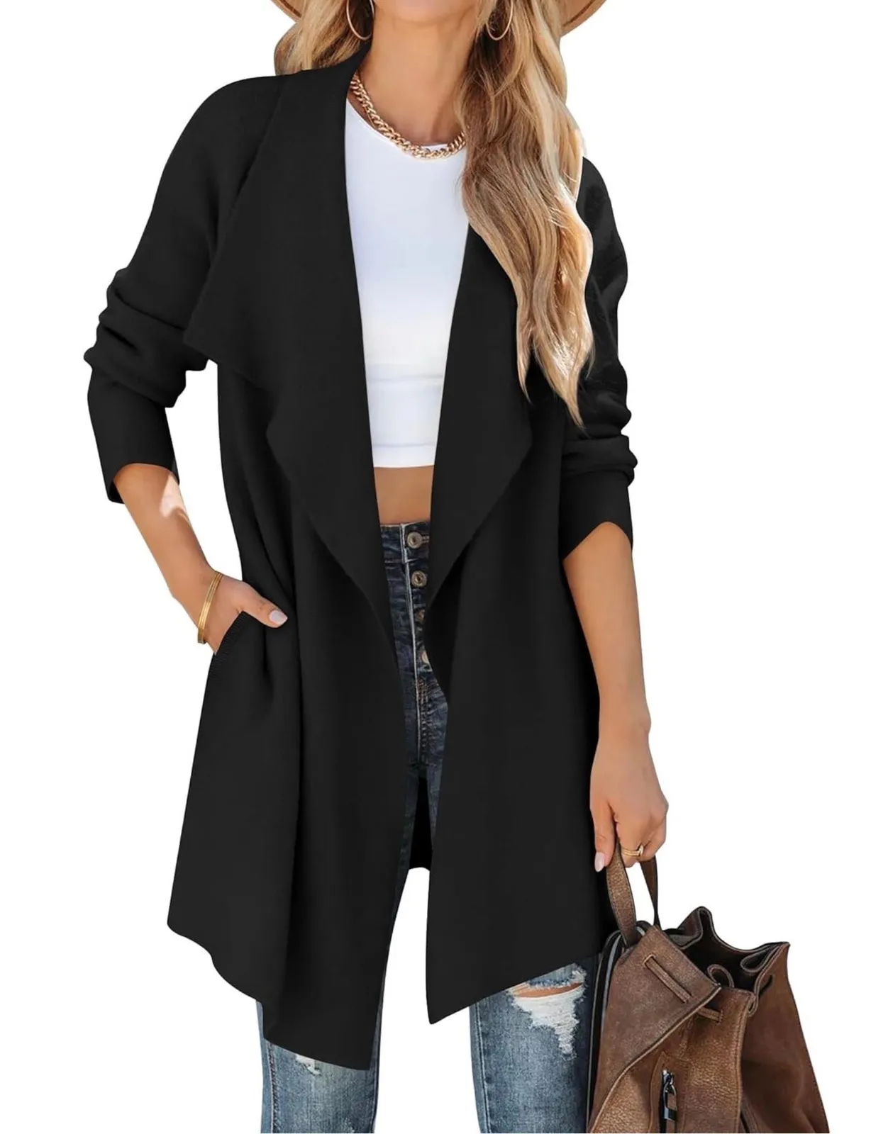 Zesica Black Waterfall Cardigan Sweater Long Sleeve Pockets Size L Size L - Image 1