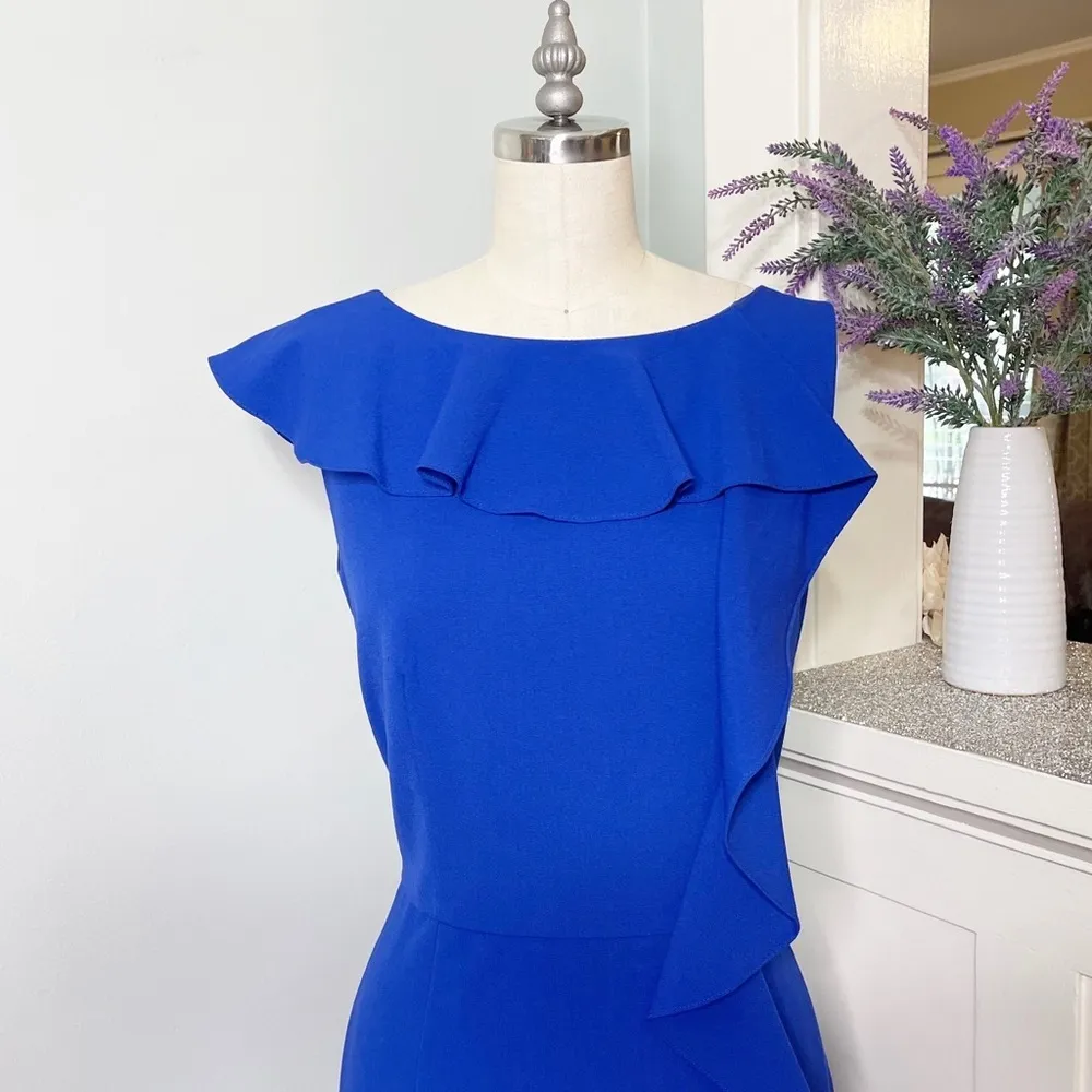 Calvin Klein Blue Ruffle Sheath Dress Career Office Party Size 6 Small - Image 4