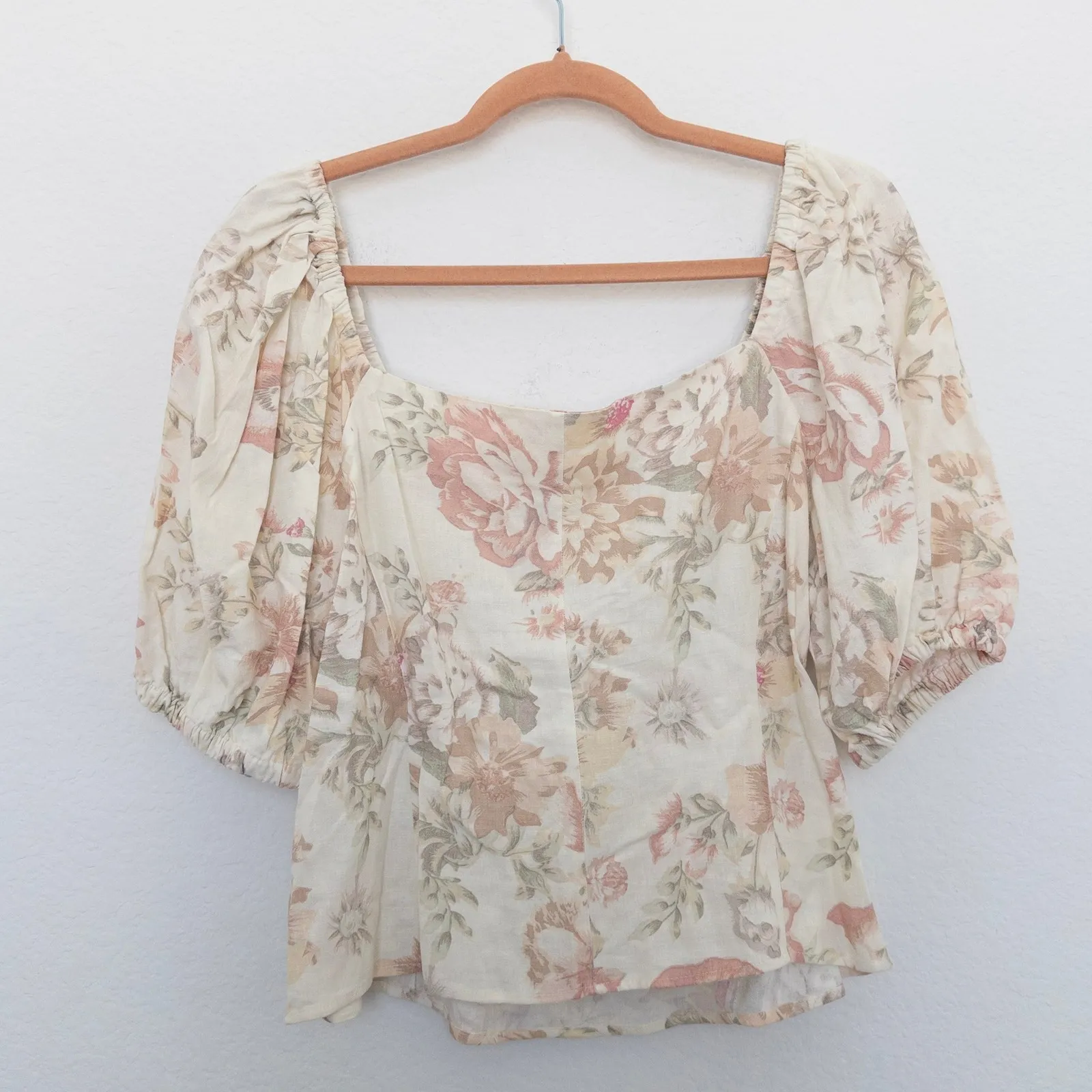 Womens Top Size M Beige Pink Linen‎ Floral Puff Sleeve Cottage Milkmaid Coquette - Image 9