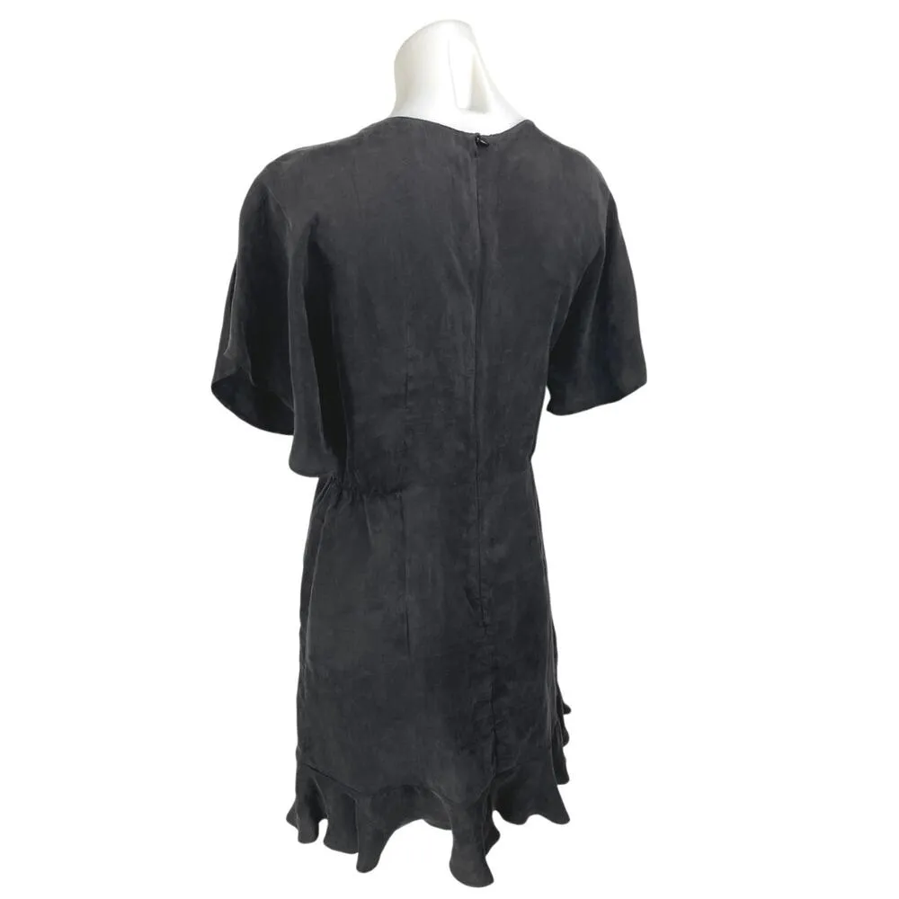 Zara Black Faux Suede Short Flutter Sleeve Zip Ruffle Mini A-Line Dress Size M - Image 2