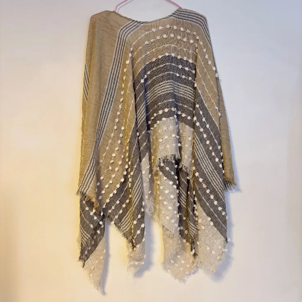 Demdaco Layering Casual Textured Poncho Shawl Pom Poms Tan Cream Grey One Size - Image 5