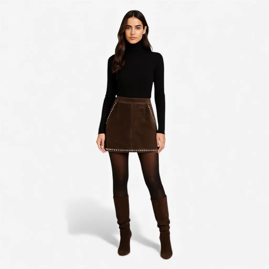 FRAME Suede Studded Mini Skirt – Size 23 - Brown Western Chic - Image 2