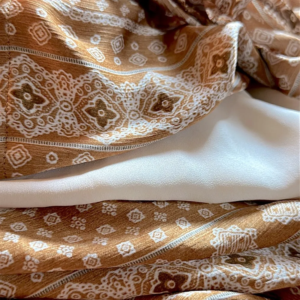 Dress Forum Bohemian Ruffle High-Low Maxi Dress Mustard/Burnt Orange Cream Small - Image 11