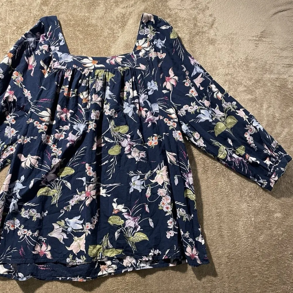 Terra & Sky Shirt Women's 2X Plus Square Neck Navy Blue Floral Tunic Blouse Top - Image 2