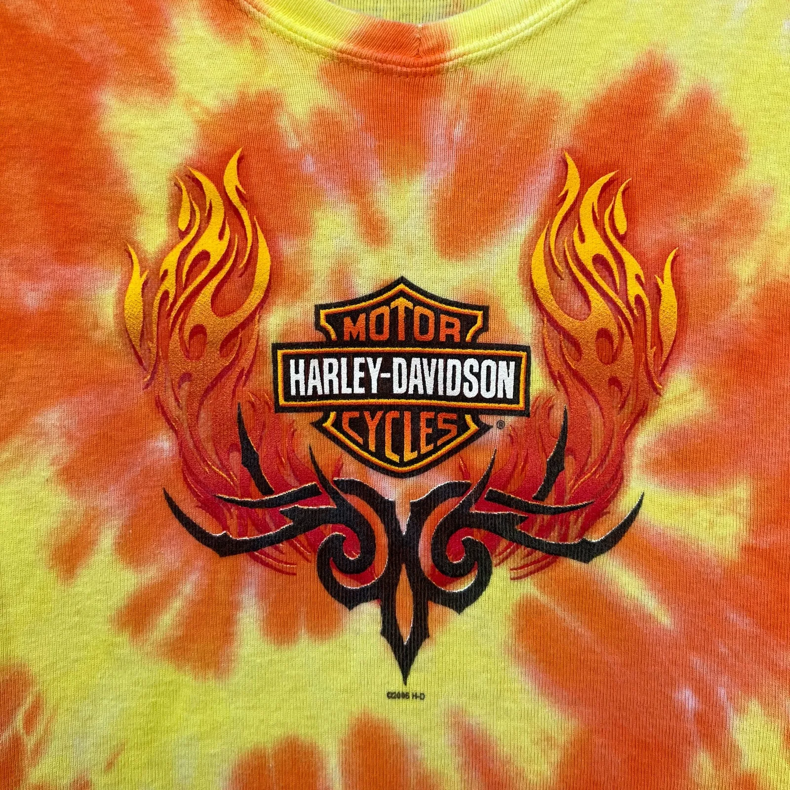 Vintage Y2K Harley Davidson Orange Yellow Flames Tie Dye Tribal Tank LARGE - Image 3
