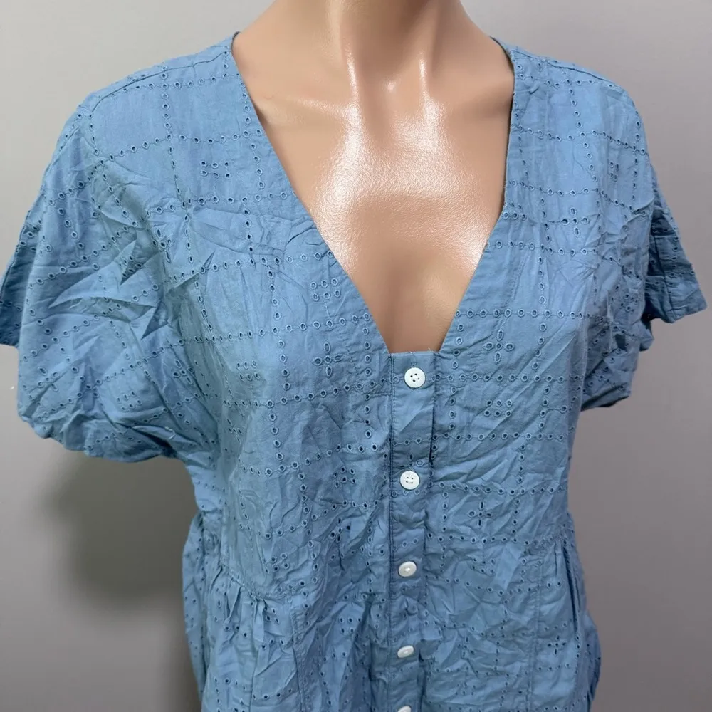 Madewell Eyelet Button-Front V-Neck Mini Dress Large Blue - Image 8