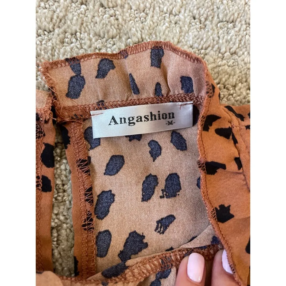 Angashion Brown & Black Leopard Print Flutter Sleeve Blouse M - Image 4
