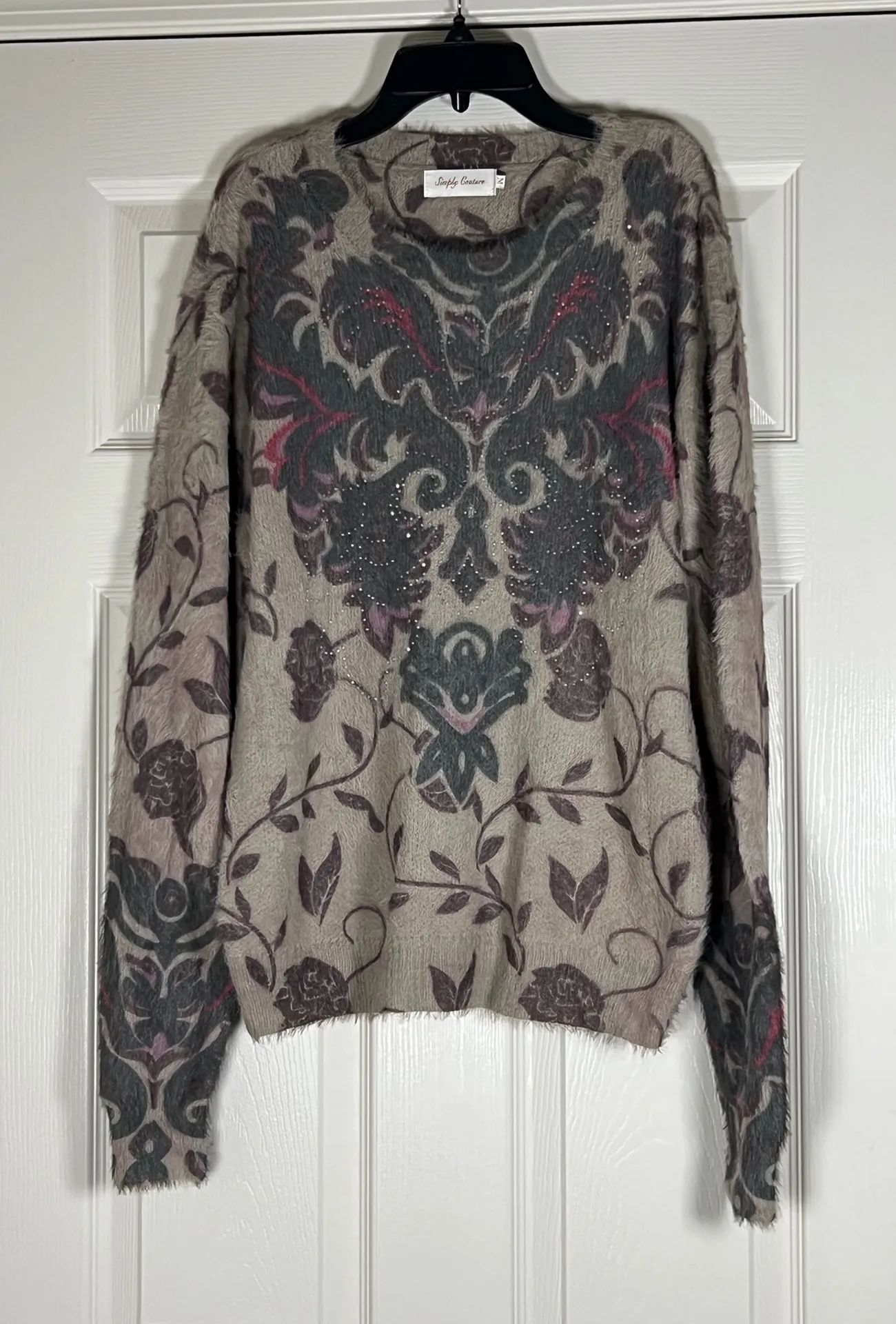 Simply Couture Fuzzy Soft Floral Rhinestone Sweater Medium - Image 1