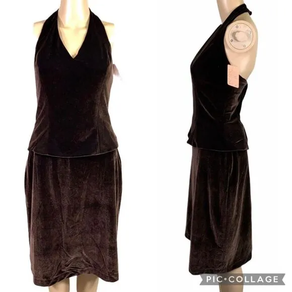 Eden Maids Womens Velvet Halter Top and Pencil Skirt Set Chocolate Brown 6 - Image 2
