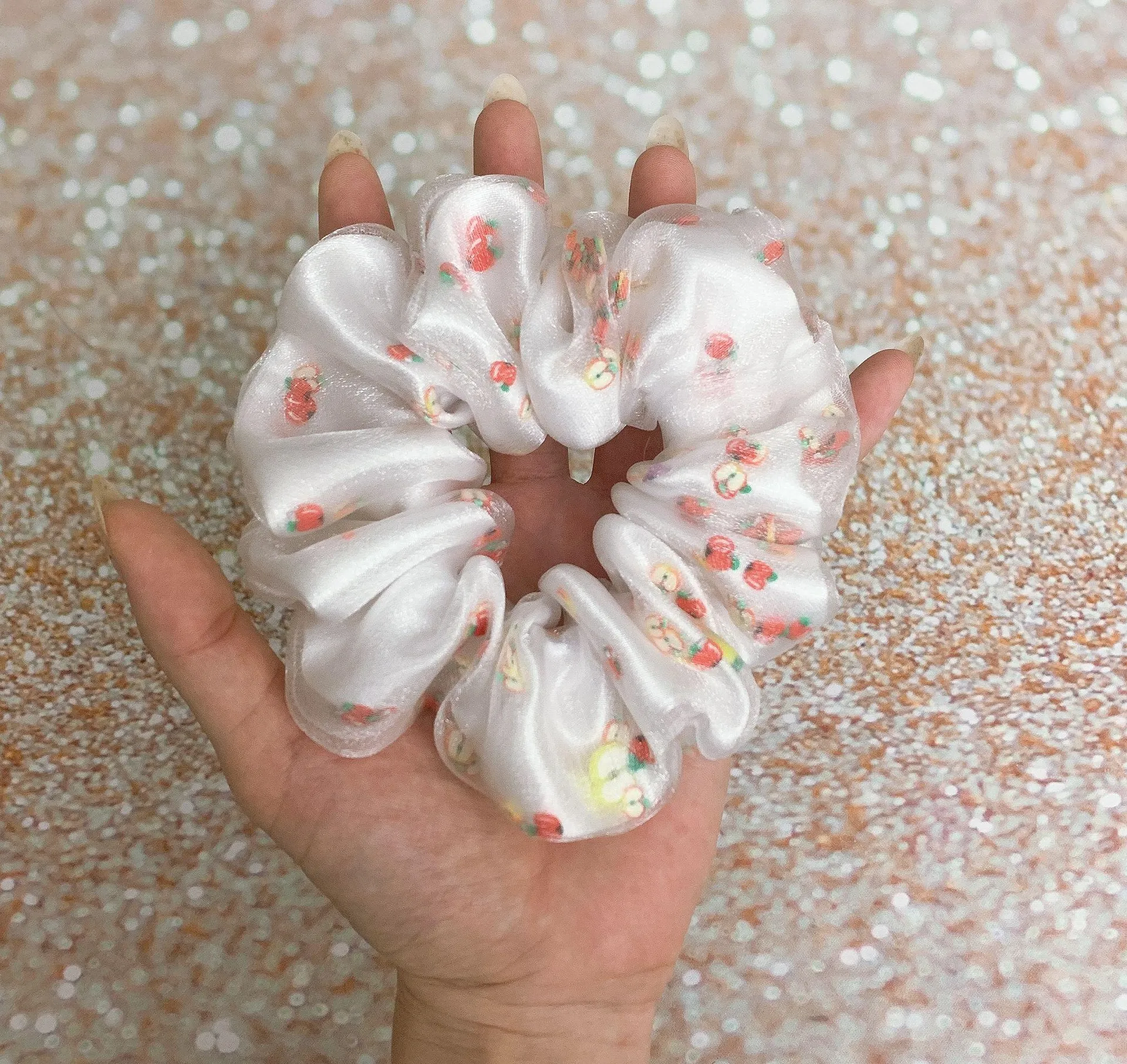 Apple Shaker Scrunchie Apple Filled Scrunchie Hair Ties White - Image 2