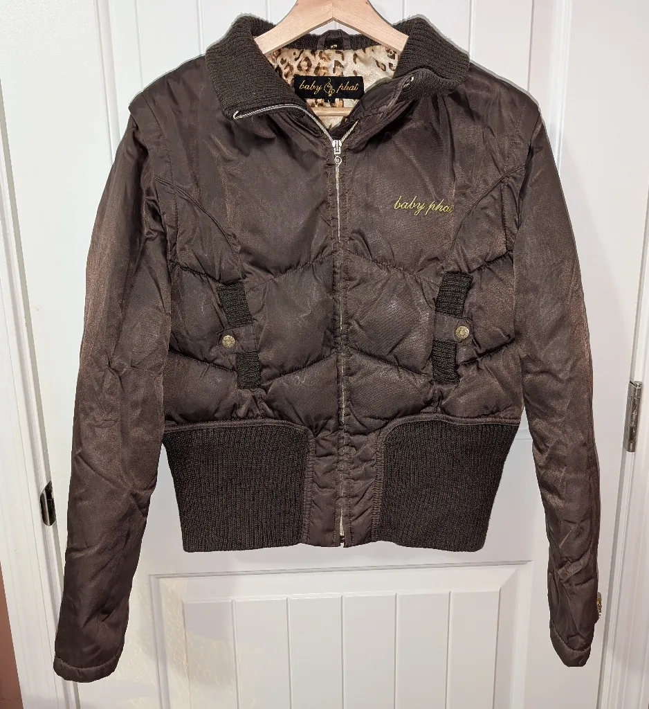Y2K Baby Phat Convertible Puffer Jacket Women's Large Animal Print/Brown - Image 1