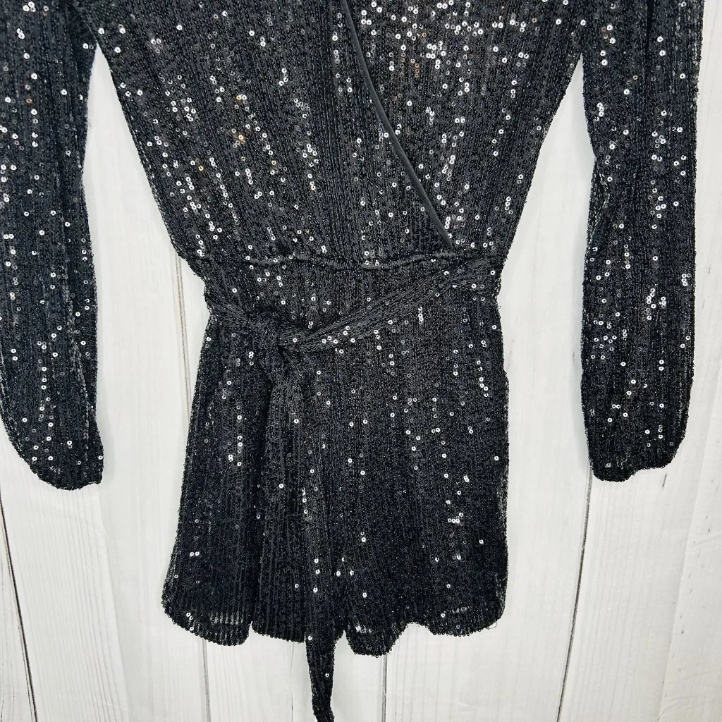 Midnight Doll Black Full Sequin Shorts Romper Tie Waist Sz XS Long Sleeve - Image 3