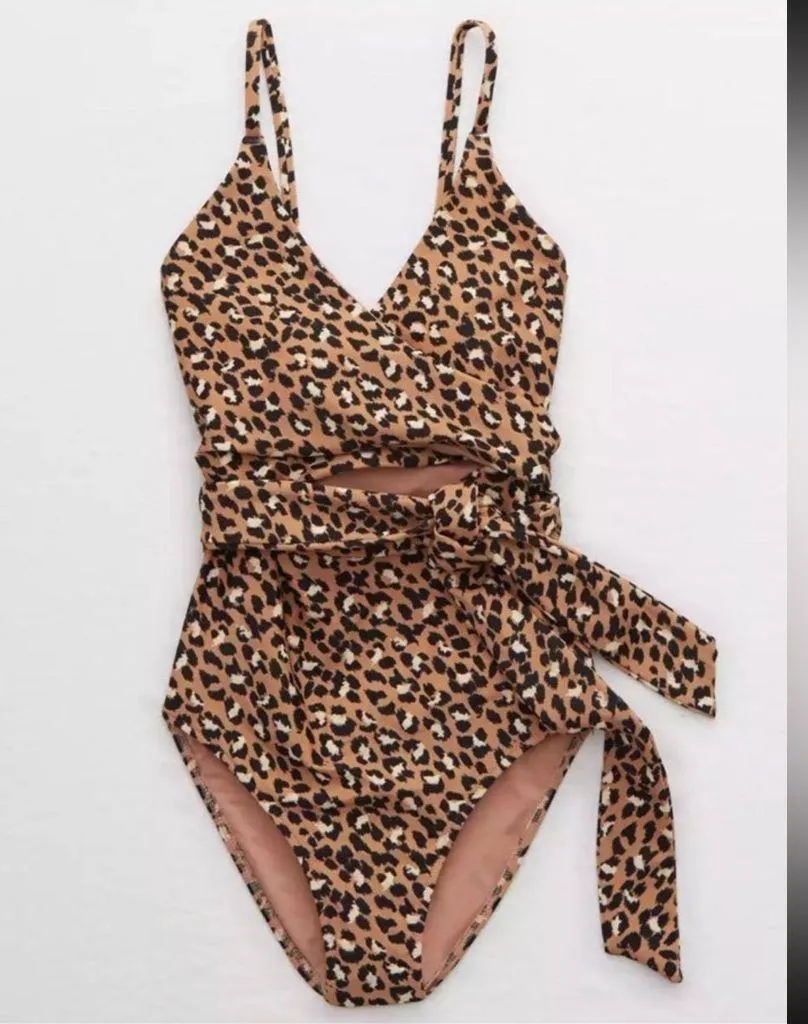 Aerie Swimsuit Leopard Print Wrap One Piece Monokini XS Long - Image 8