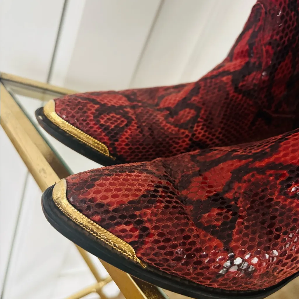 Women's Red Python Italian Cow Leather Cowboy boots size 7 Gold metallic toe cap - Image 4
