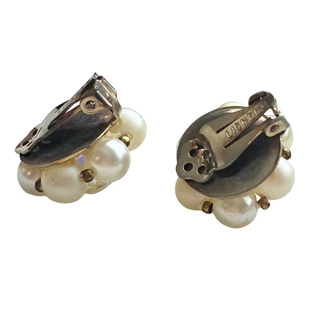 Vintage 50s Signed Lisner Faux Pearl AB Stone Flower Cluster Clip On Earrings Gold - Image 5