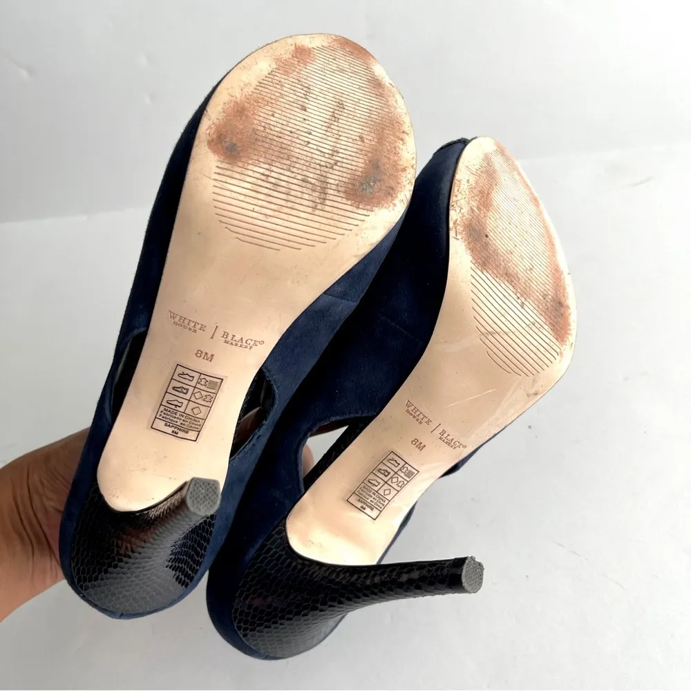 WHBM | Navy Blue Genuine Suede & Leather Peep Toe Strappy Heels Sz 8 - Image 9