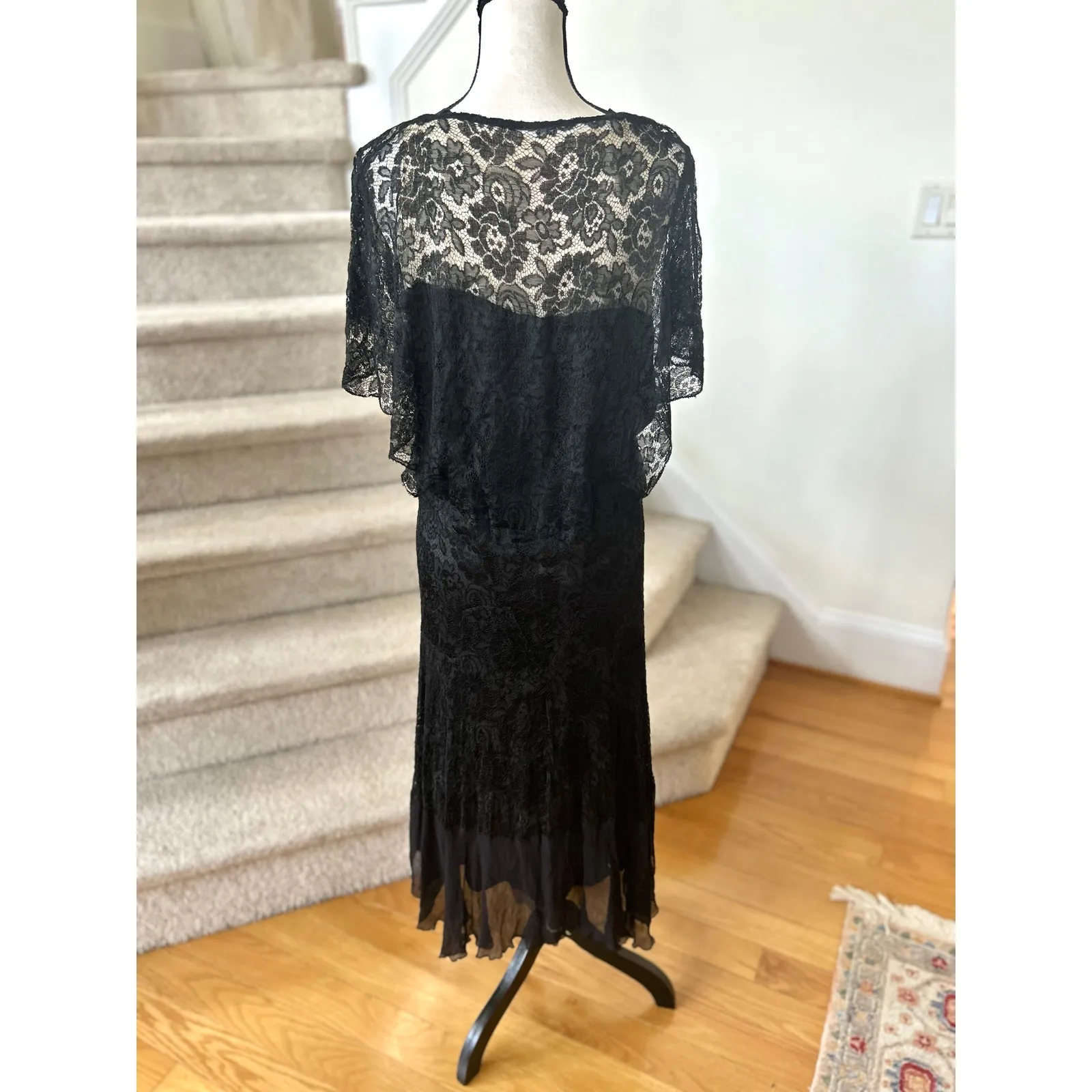 Vintage 1930s Black Lace Flutter Sleeve Midi Blouson Slip Dress Flapper - Image 2
