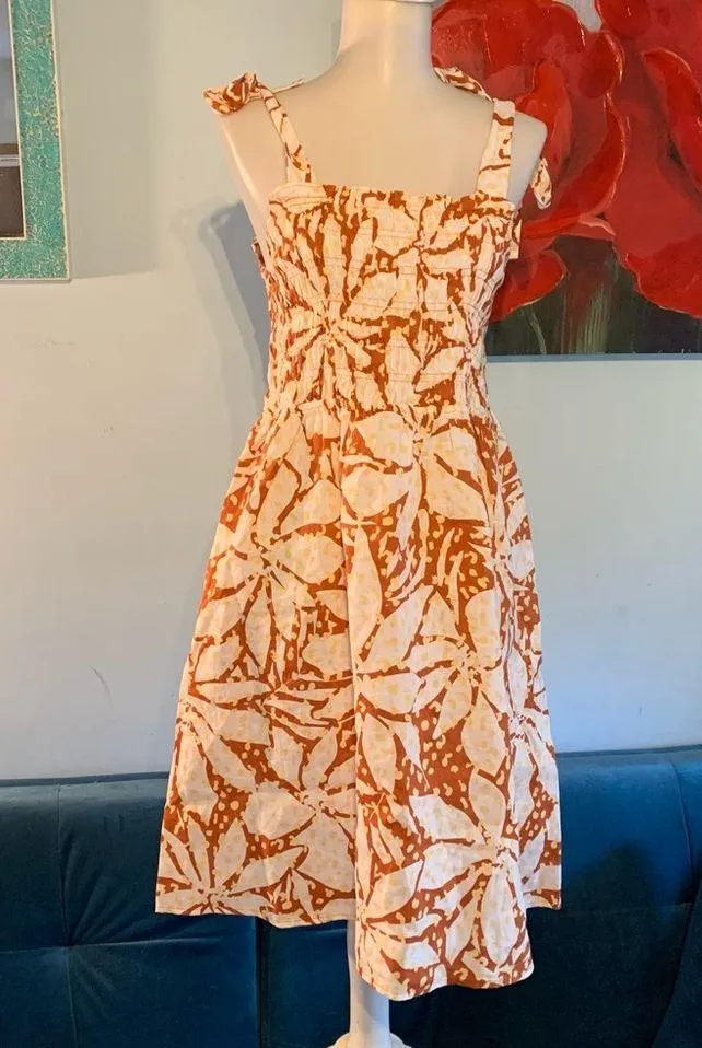 NWT New Nicole Miller 100% Linen Smocked Bodice Dress Tie Strap Floral M Medium - Image 7