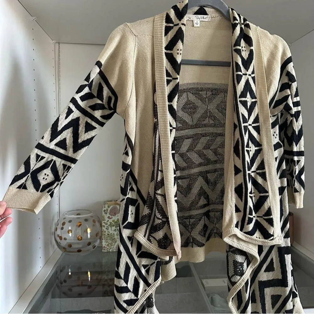 Say What Tan Southwestern Open Front Lagenlook Boho Cardigan Lightweight Sweater - Image 2