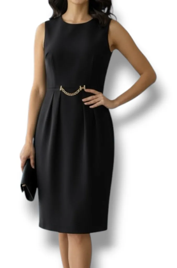 NWT Halston Women’s Blk Sleeveless Scuba Crepe Sheath Dress w/ Gold Chain Size 4 - Image 1