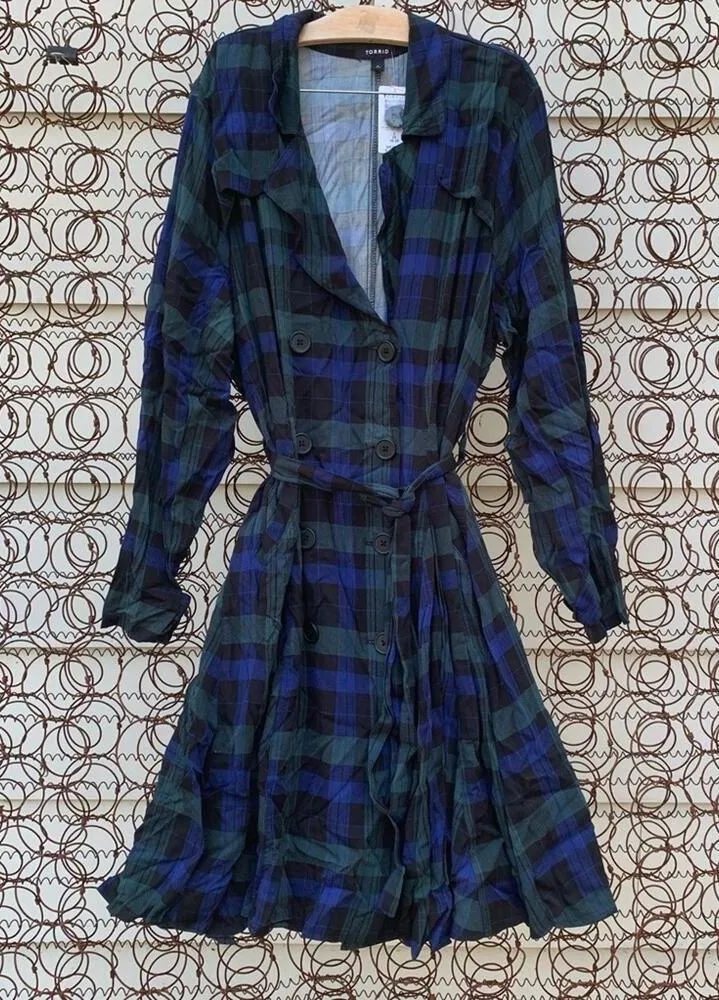 Torrid blue green plaid fit & flare trench coat 2X - Image 3