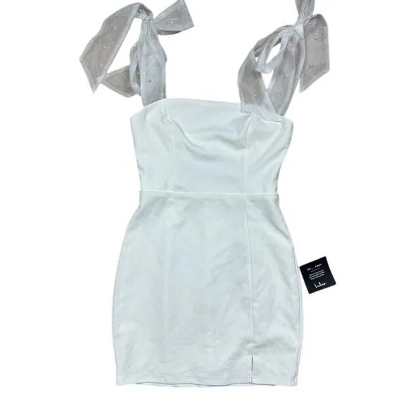 NWT Lulus Women's Beaming Perfection White Pearl Organza Tie-Strap Mini Dress‎ S - Image 4