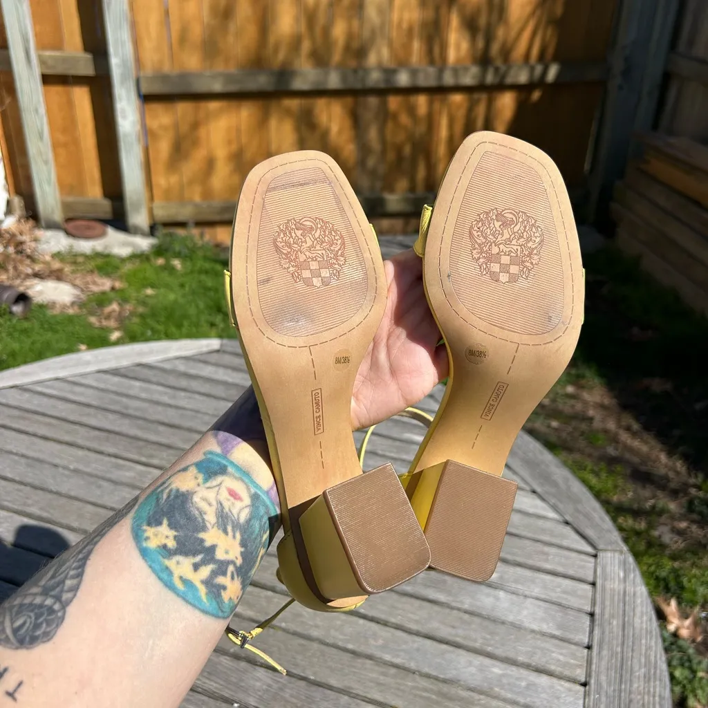 VINCE CAMUTO Margry‎ Ankle Strap Block Heel Sandal In Daffodil size 8 - Image 9