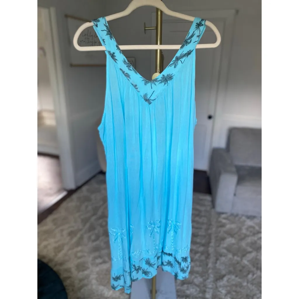 Raya Sun Bathing Suit Cover Dress Aqua Blue Palm Tree Embroidered Beach Resort - Image 3