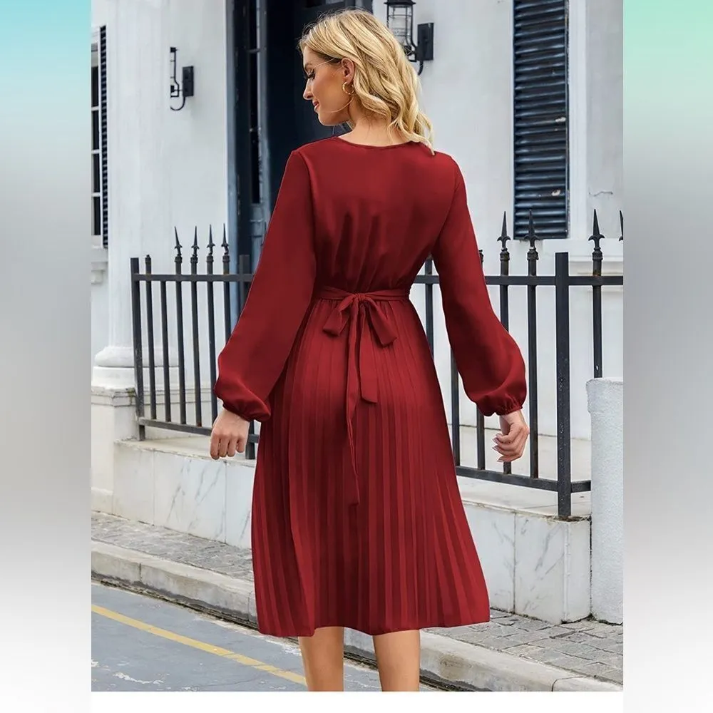 BBX Lephsnt Wrap V Neck Dress Pleated M NO BELT Red Size M - Image 4