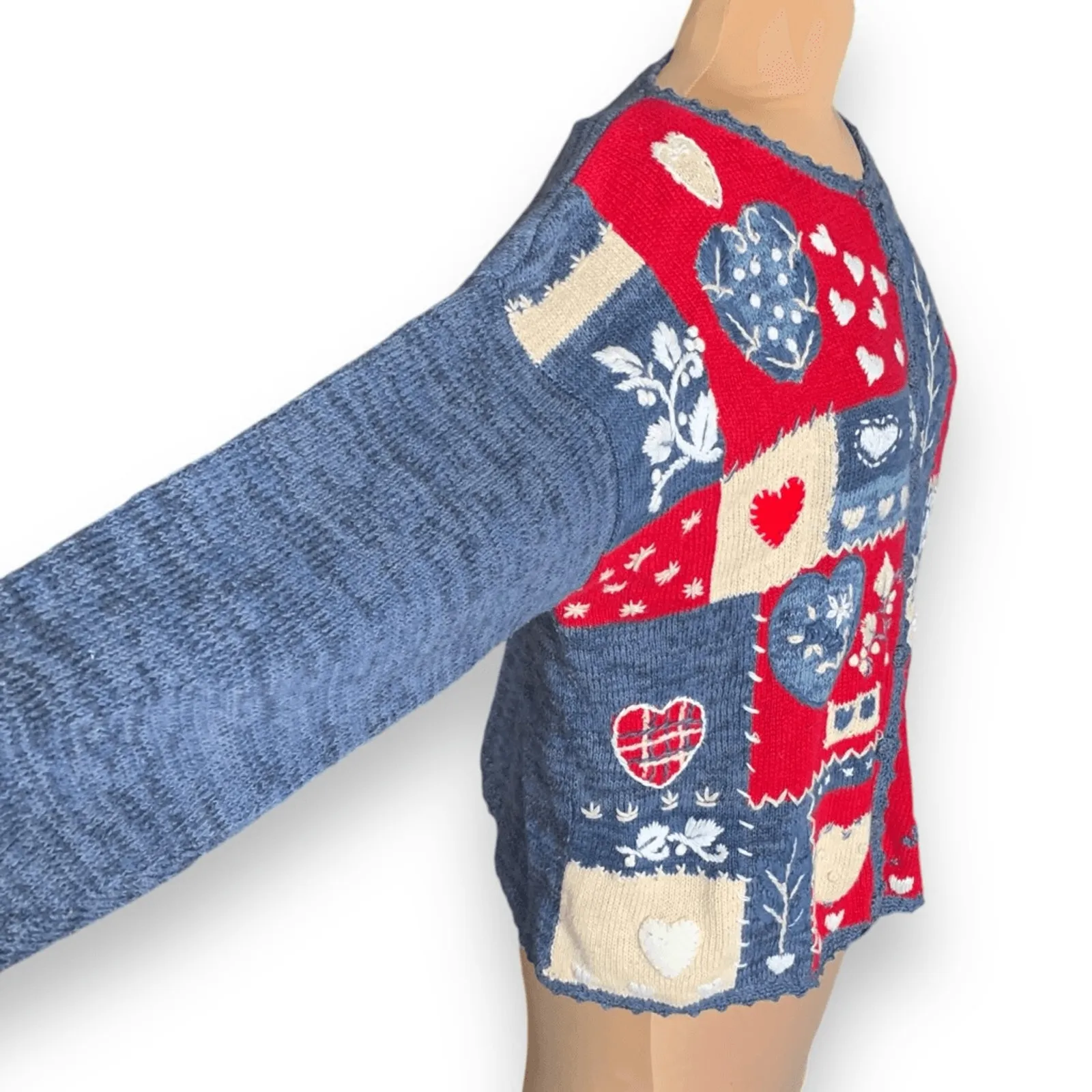 Vintage Patchwork Heart Cardigan Red Navy Folk Knit Sweater Large Romantic Blue - Image 4