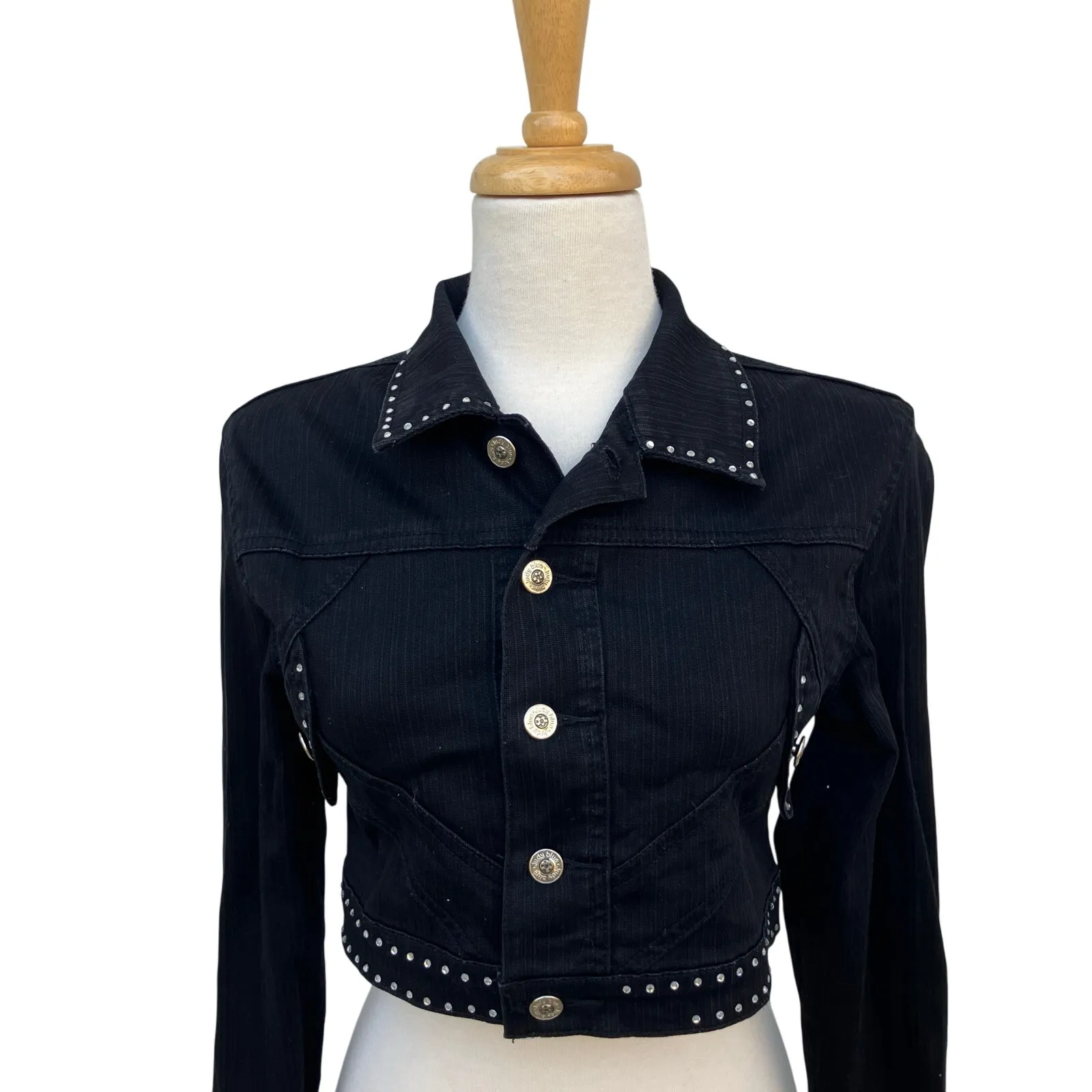 Judy Blue Denim Jacket XL 33” Black Rhinestone Cropped Stretch Western Cowgirl - Image 2