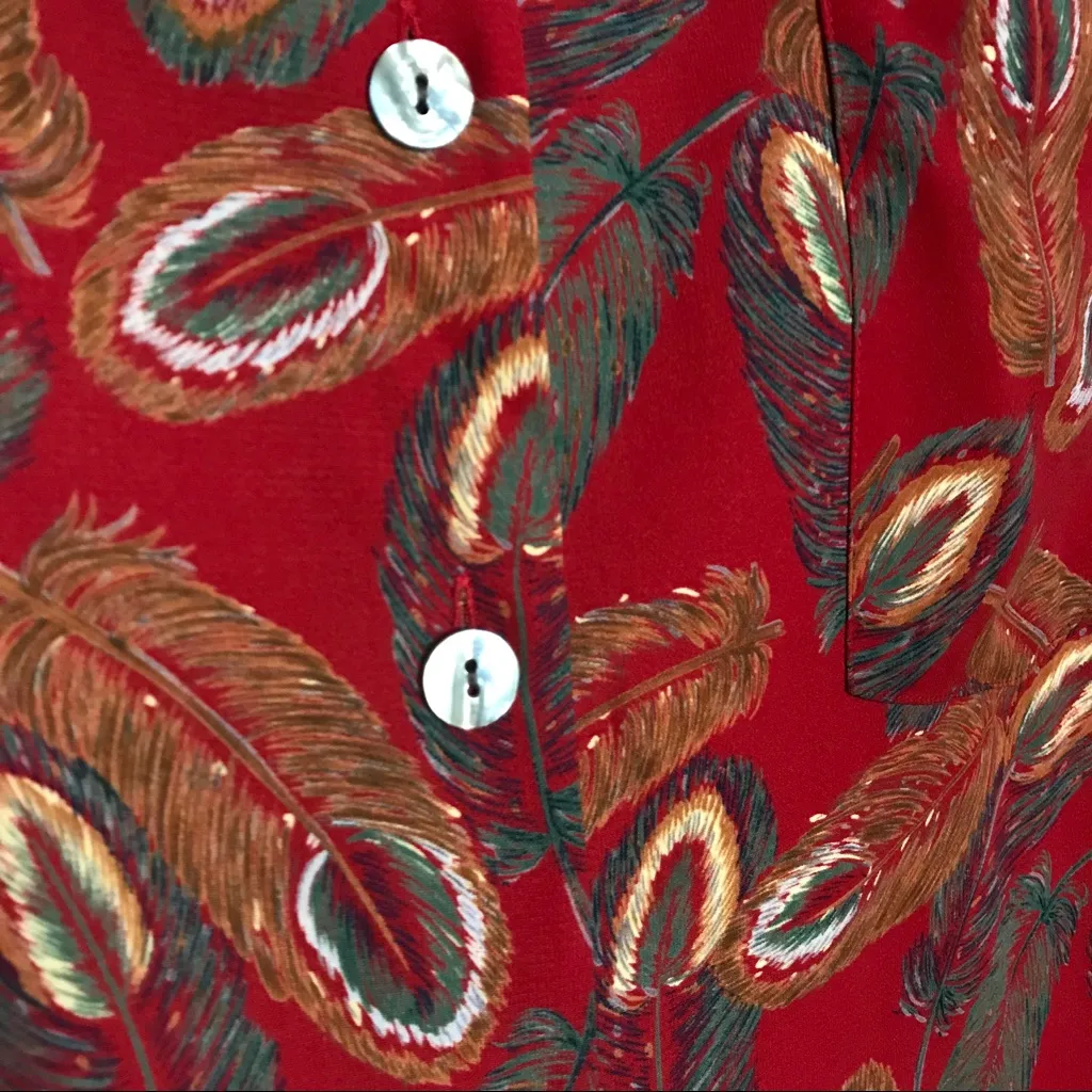 Vintage 90s Blouse Women Plus Size 22W Peacock‎ Feather Print Unique Maximalist Red - Image 8