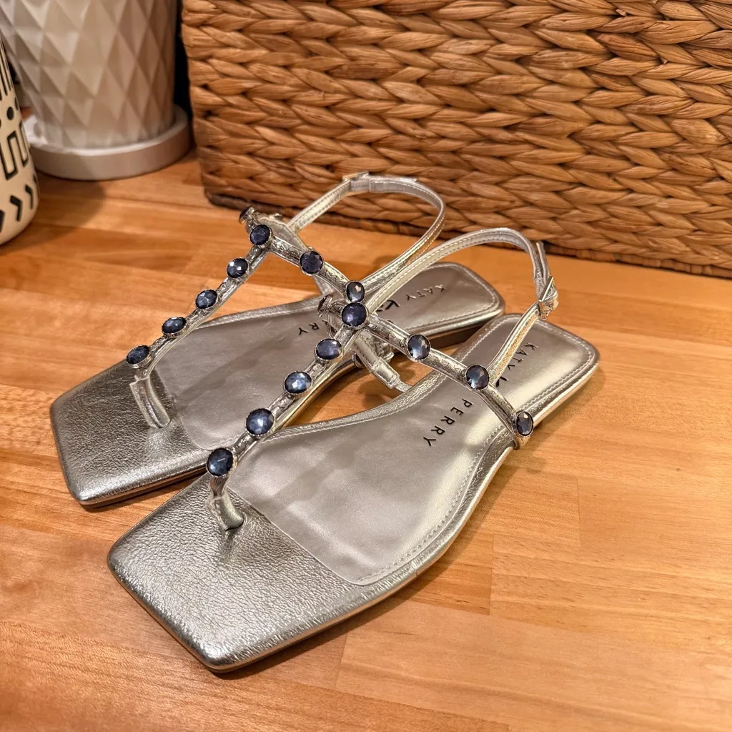 Katy Perry Camie Gemstone Sandals Silver Square Toe Navy Stone Women's 5.5 NWOT - Image 4