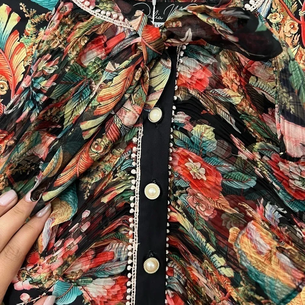 Dalia MacPhee Short Sleeve Tie Neck Floral Mini Dress With Lace Trim Medium  NWT Black - $110 (14% Off Retail) New With Tags - From Payal